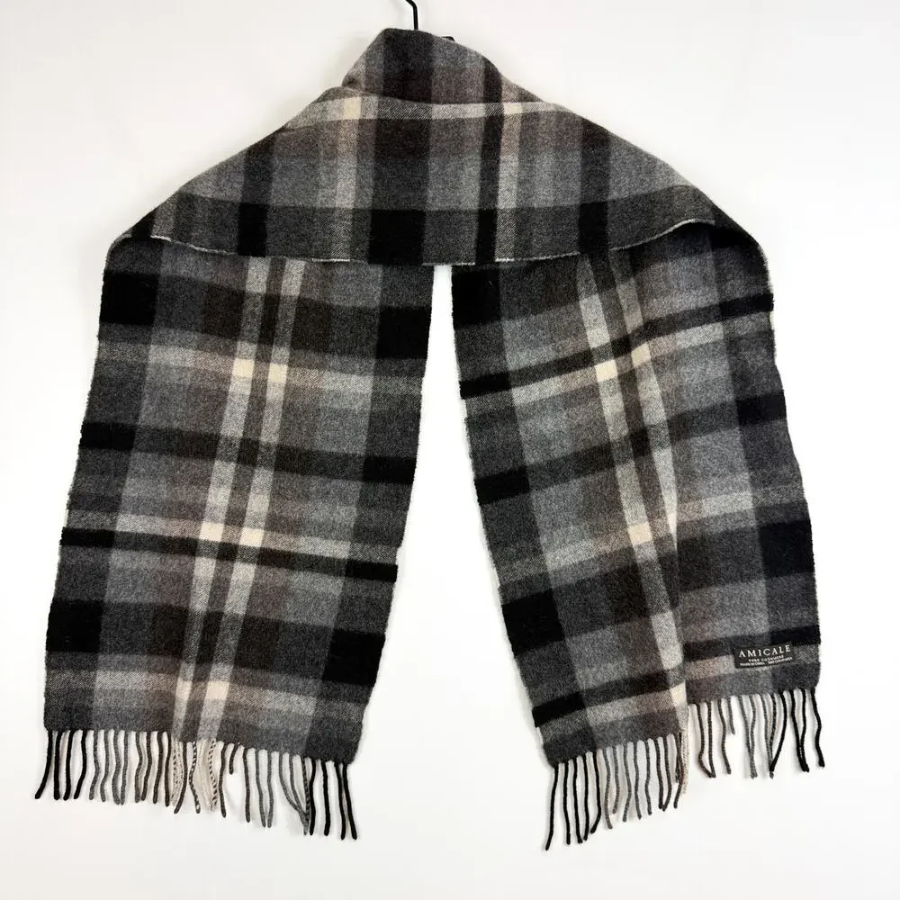 Amicale Pure Cashmere Plaid Fringe Scarf Gray Brown Black - OS